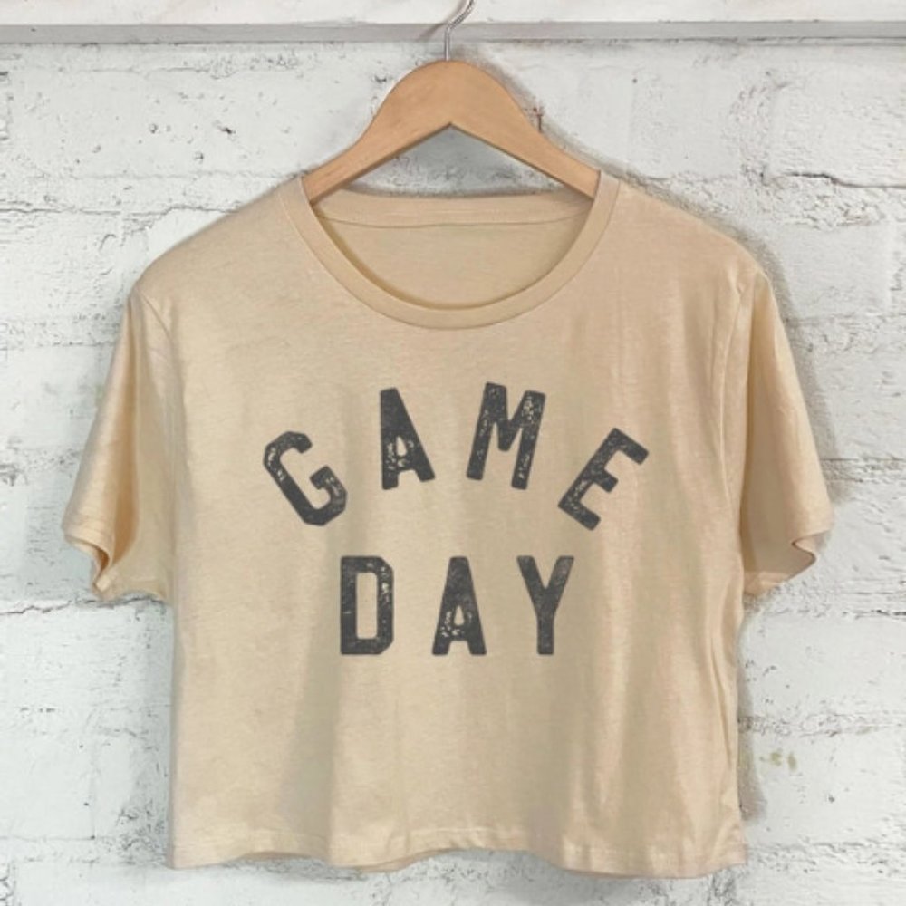 Game Day Soft Cotton Crop Top Graphic T-Shirt - Beige